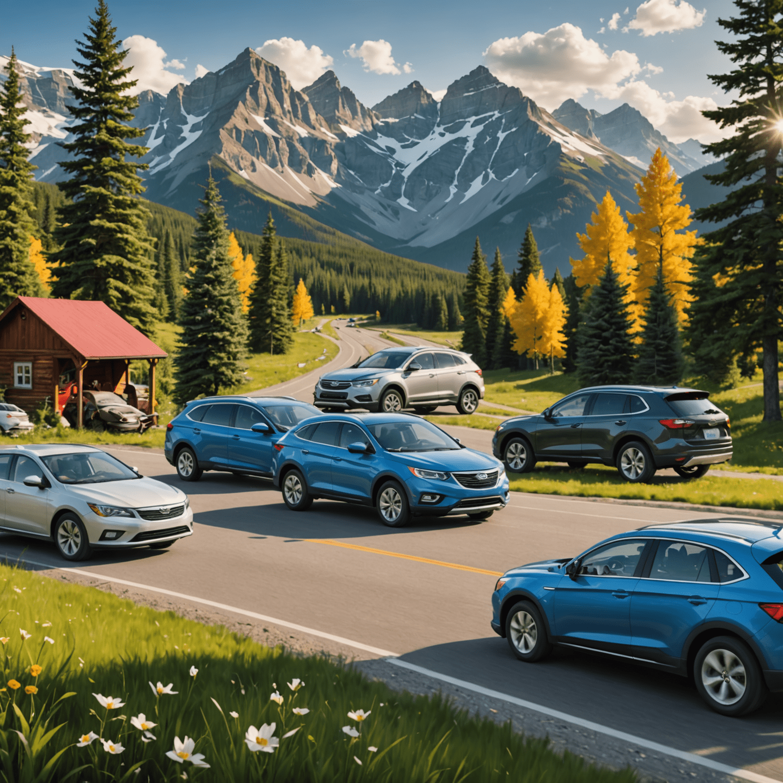 Various car insurance add-ons represented by icons, including accident forgiveness, rental car coverage, and roadside assistance, set against a backdrop of Canadian landscapes